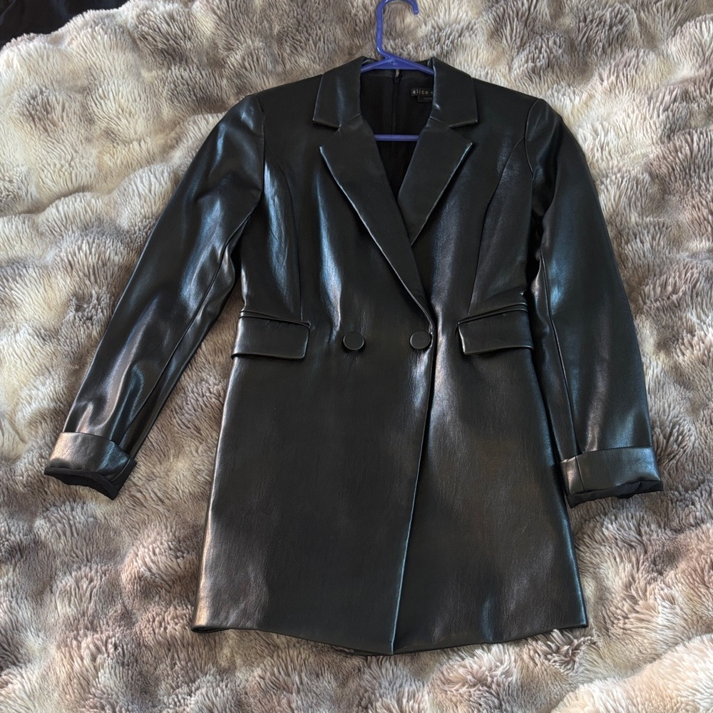 Alice & Olivia Shiny Black Faux Leather Blazer Romper